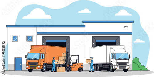 Warehouse Loading and Unloading Process with Forklift and Trucks, Ideal for Logistics, Distribution, and Supply Chain Designs