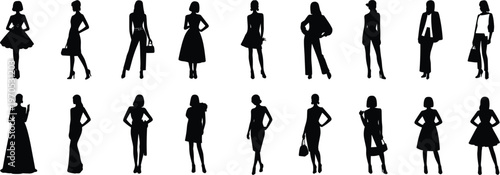 Silhouettes of women in fashionable attire and poses on white background dress