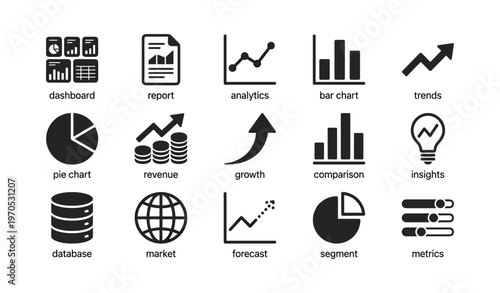 Data analytics icons representing charts, revenue, growth, and market insights