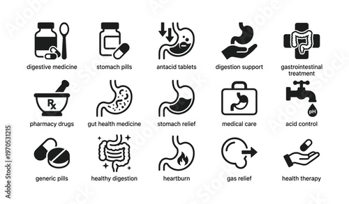 Medical icons for digestive health and stomach relief solutions