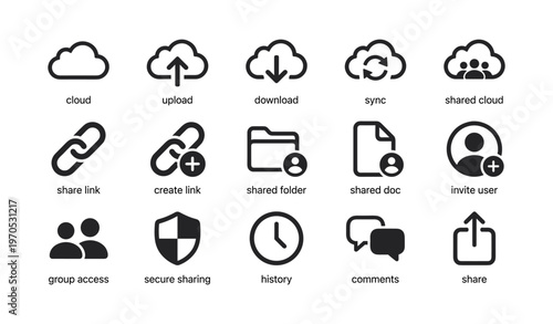 Cloud service icons: upload, download, sync, and sharing features