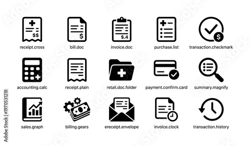 Business document and financial icon set for transactions and accounting