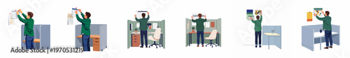 Set of illustrations showing a man in a plaid shirt hanging a calendar in his office cubicle, planning and organizing his workspace.