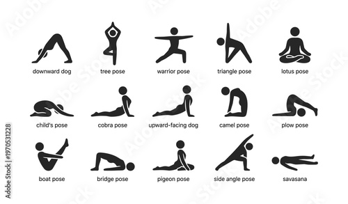 Illustrated yoga pose icons including downward dog and warrior pose