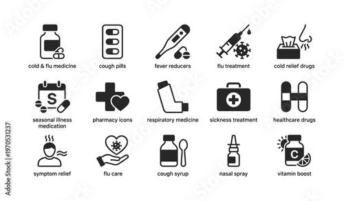 Cold and flu medicine icons for symptom relief and healthcare needs