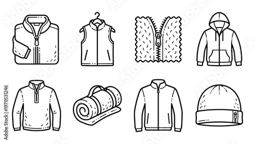 Outdoor clothing and accessories line art icons, camping gear and winter wear set