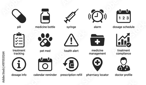 Medication management icons: pill, medicine, syringe, alarm, calendar, doctor
