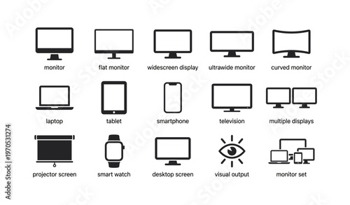 Icon set of various monitors and devices including smartphone and laptop