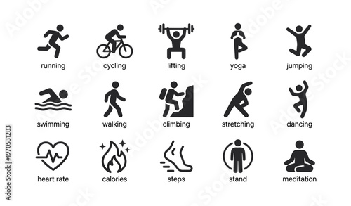 Pictogram icons of physical activities and health symbols