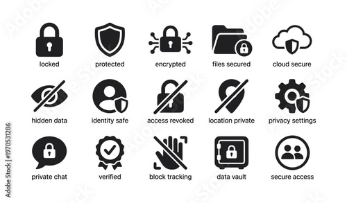 Data security icons: locked, protected, encrypted, cloud secure, privacy settings