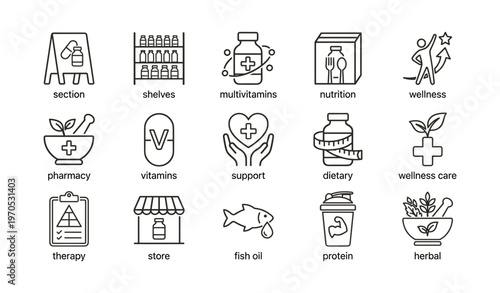 Healthcare icons: multivitamins, nutrition, support, wellness, therapy symbols