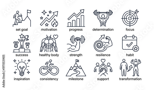 Icons representing motivation, progress, and personal development