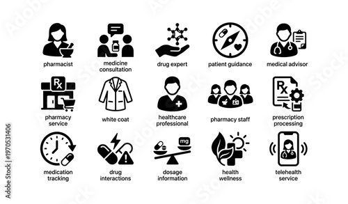 Medical icons: pharmacist, drug expert, healthcare professional, telehealth advisor