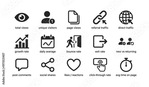Web analytics icons: views, traffic, growth, engagement, visitors