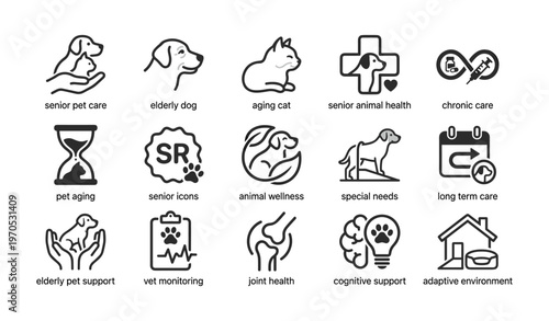 Senior pet care icons for elderly dog and aging cat health support