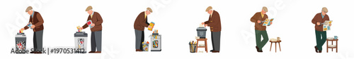 Set of illustrations of an elderly man shredding documents and cutting newspaper clippings for privacy, organization, and information management.