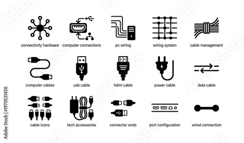 Connectivity icons: usb, hdmi, power, cable management and tech accessories