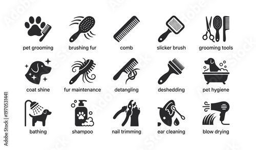 Pet grooming icons: brushes, combs, scissors, shampoo, hygiene tools, dog care