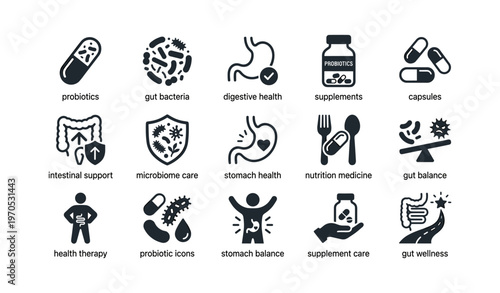 Probiotics and digestive health icons collection for gut wellness
