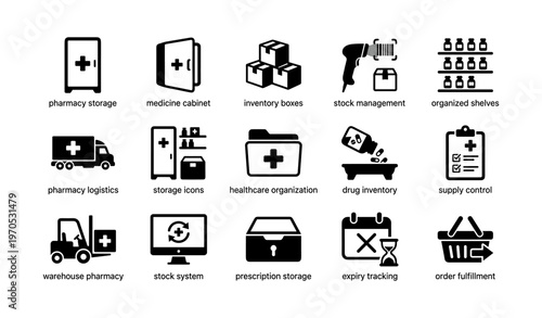 Healthcare logistics and storage: medicine cabinet, inventory boxes, stock management icons set