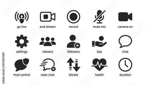 Streaming interface icons for live broadcast and viewer engagement