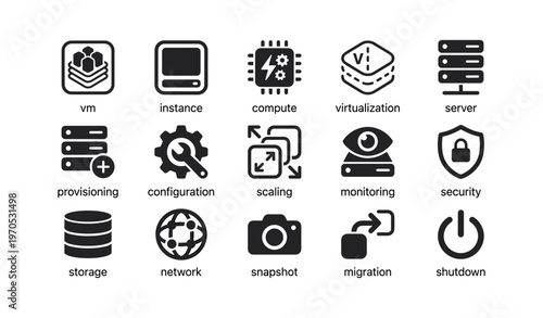 Cloud computing icons: virtualization, security, storage, monitoring, configuration