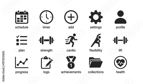 Fitness and health icons: schedule, timer, strength, cardio, flexibility, progress, achievements