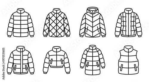 Puffer jackets and down vests line icons. winter outerwear apparel outline pictogram set