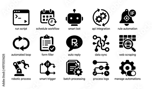 Icon set illustrating workflow automation, data synchronization, and smart bot integration