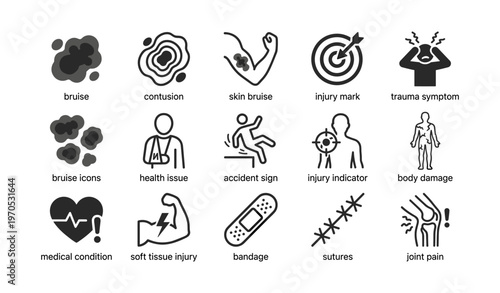 Illustration of injury symptoms and medical conditions icons