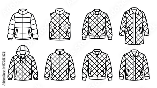Puffer vest and quilted jackets line icons. fashion outerwear apparel outline pictogram set