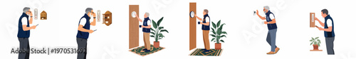 Illustrative set of senior men checking indoor temperatures using various wall thermometers and smart thermostats for home climate control and comfort.