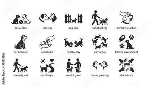 Icon set illustrating dog social skills and activities in various scenarios