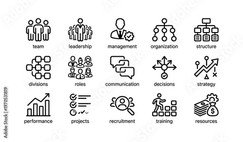 Business icons: team, leadership, management, strategy, communication, performance, resources