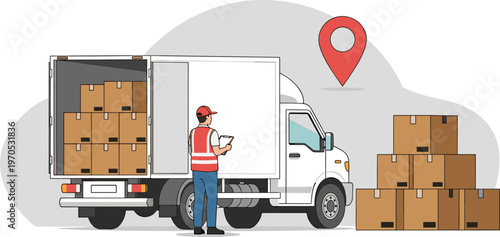 Delivery and Logistics Concept with Truck, Worker in Safety Gear, and Location Pin, Ideal for Transportation and Shipping Industry Designs