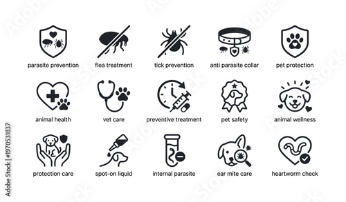 Pet health and protection icons for parasite prevention and animal wellness