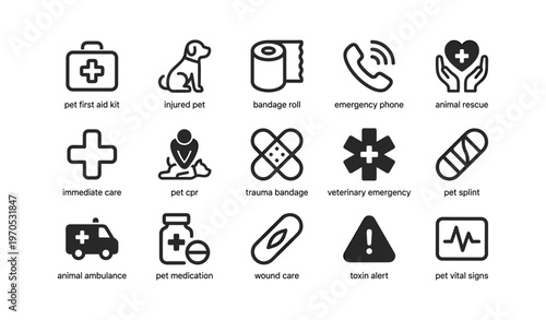 Pet emergency icons: first aid, cpr, animal rescue, veterinary care symbols