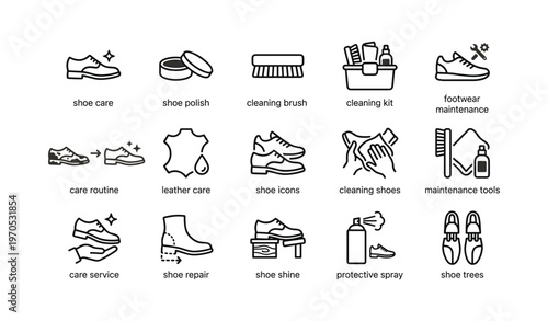 Shoe care icons collection highlighting polish, cleaning, maintenance, repair, spray