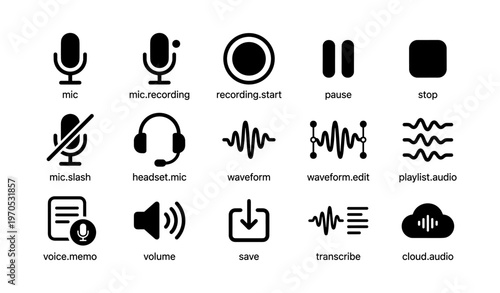 Audio control and editing icons: microphone, waveform, headset, cloud
