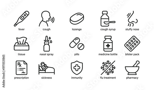 Medical icons: fever, cough, medicine, immunity, pharmacy remedies