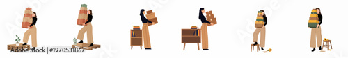 Set of flat illustrations showing a young woman carrying and stacking cardboard boxes for moving, shipping, or storage on a white background.