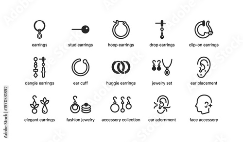 Variety of earring styles: stud, hoop, dangle, clip-on, ear cuff, huggie, jewelry set