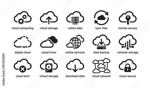 Cloud computing and storage icons for digital services and online data management
