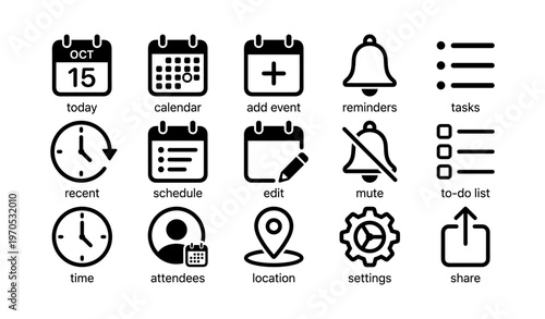 Calendar and task management icons: reminders, schedule, settings