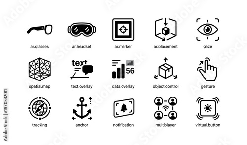 Augmented reality icons set featuring glasses, headset, and interactive controls