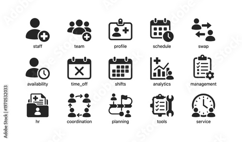Office icons set: staff, schedule, tools, analytics, management