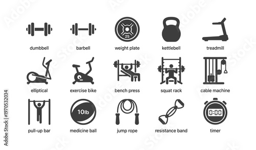 Gym equipment icons: dumbbell, barbell, kettlebell, treadmill, bike, bench press, squat rack