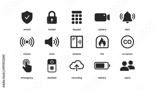Security and safety icon set: alarm, sensor, camera, lock, emergency, fire, battery, users