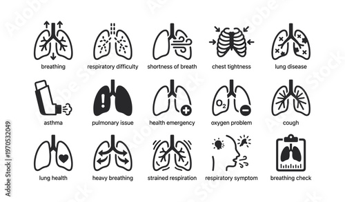 Lung health: breathing disorders and respiratory symptoms icons