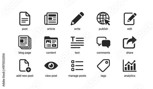 Set of website management icons including post, publish, edit, analytics, comments